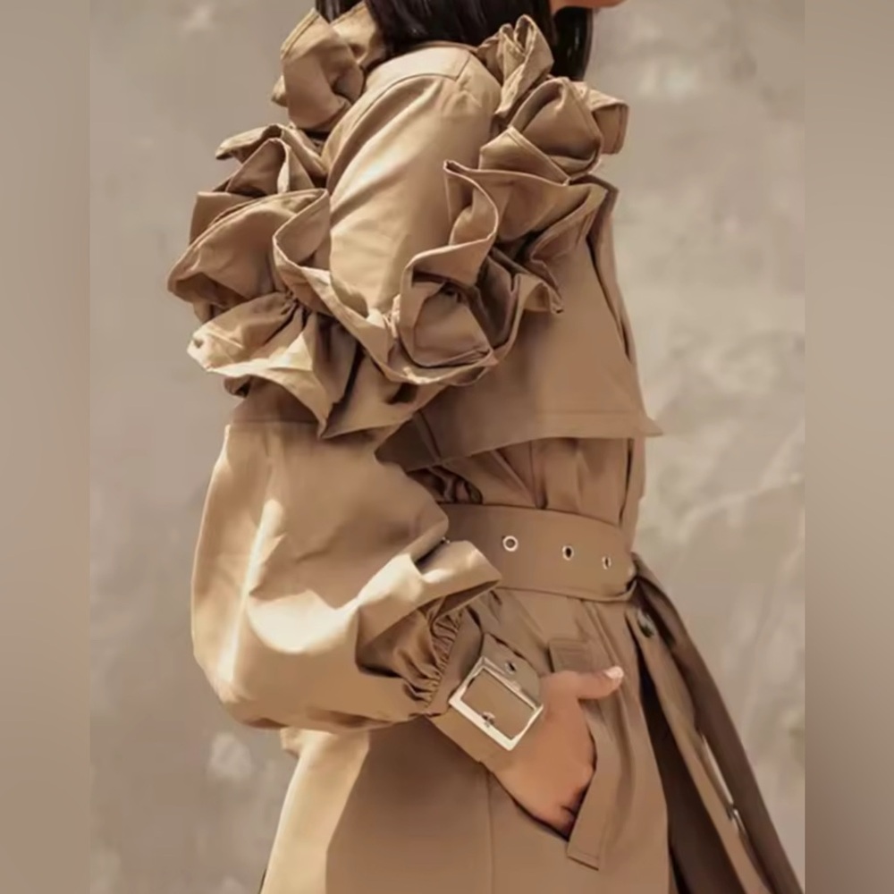 NEW $195 London Britberry Tan Ruffle Sleeve Trench Coat - Picture 8 of 11